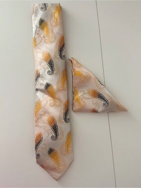 Bruno Conte Silk Tie & Pocket Square Set Ivory Gold Black Paisley Made in China